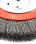 Close-up of Wire Bench Wheel Brush With Wide Face Crimped Wire Heavy-Duty Deburring And Cleaning For Bench Grinders Dual Arbor 8 Inch