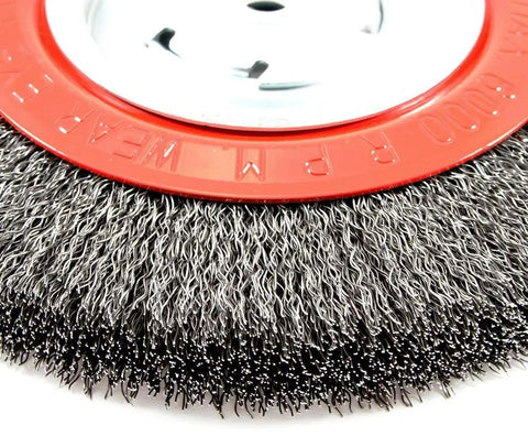 Close-up of Wire Bench Wheel Brush With Wide Face Crimped Wire Heavy-Duty Deburring And Cleaning For Bench Grinders Dual Arbor 8 Inch