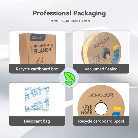 PLA Plus 1.75mm Filament For 3D Printing, 1kg Yellow Cardboard Spool, showing professional packaging and accessories