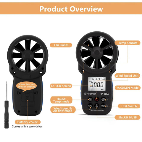 866A HVAC Anemometer Pro CFM Air Flow Meter With USB Handheld Wind Speed Temperature Humidity And Dew Point Gauge For Ductwork And HVAC Pros Boss Level Airflow Monitoring Device, front and back view