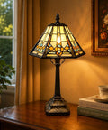 Mission Style Table Lamp With Tiffany Stained Glass Night Light Hexagonal Cone Lampshade 10 Inch Wide By 16 Inch Tall LED Bulb Included