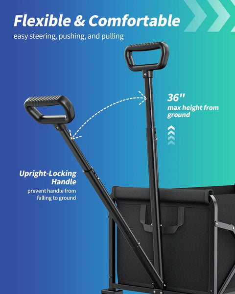Close-up of handles on a black collapsible wagon with wheels foldable dog cart that holds up to 200 lbs 80L interior storage