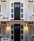 Outdoor Wall Light Sconce Set Two Pack Exterior White Modern Cylinder Style With Tempered Glass Cover Weatherproof Aluminum Housing Ideal For Porch Front Door Garage And Patio Lighting No Fuss Install, shown on front door, one off and one on.