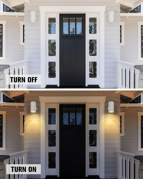 Outdoor Wall Light Sconce Set Two Pack Exterior White Modern Cylinder Style With Tempered Glass Cover Weatherproof Aluminum Housing Ideal For Porch Front Door Garage And Patio Lighting No Fuss Install, shown on front door, one off and one on.