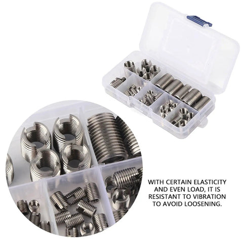 Stainless Steel Self Tapping Thread Inserts Kit 50 Pack High Hardness Reinforced Thread Repair For Automobiles Inner Thread Repair Tool Set For Durable Automotive Fasteners, assorted inserts in plastic case