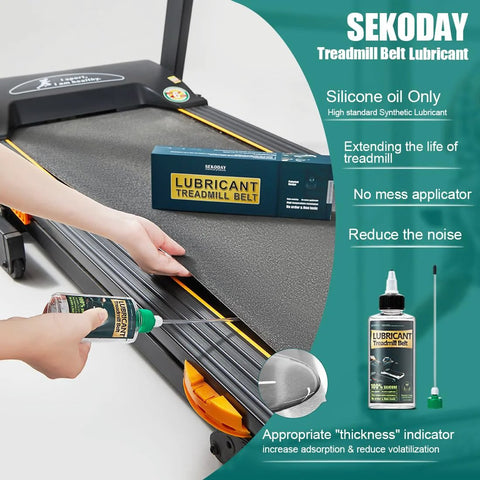SEKODAY treadmill belt lubricant front view; box and 4.2 oz silicone oil bottle with precision nozzle.