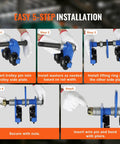 Manual Trolley for I Beams 2 Ton Load Capacity installation guide with five steps showing assembly of blue dual wheels trolley with gloves