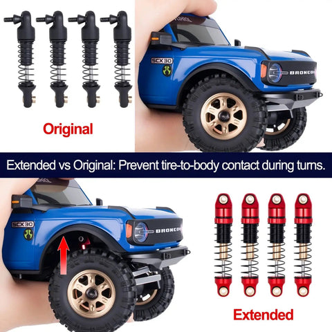 Comparison between original and extended Aluminum 28.5mm Shock Absorbers for 1 to 30 Axial RC SCX30 Crawler Upgrade Parts.