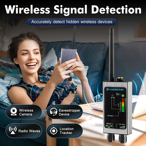 Woman using Hidden Camera Detector And Bug Finder for Privacy Protection Portable 4 In 1 RF Signal Scanner in living room.