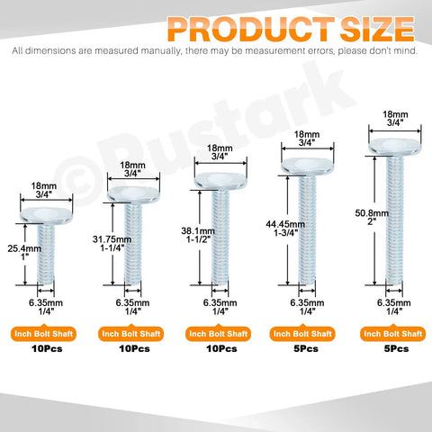 40-Piece Tee Bolts Set With 5 Sizes 1/4-20 T Bolts For T Track And T-Slot Systems, size dimensions and quantities shown.