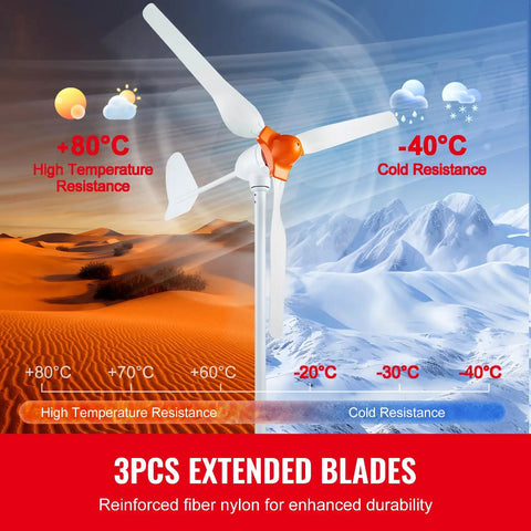 800W 12V Wind Turbine Kit With MPPT Controller, 3-Blade Wind Power Generator in desert and snowy areas, showing temperature resistance