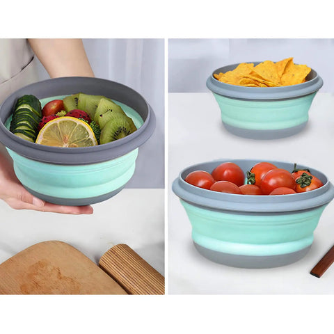 Collapsible Silicone Bowls Set Of 3 With Lids BPA Free Food Grade Camping Dinnerware For Travel Picnic And Lunch in use with fruits