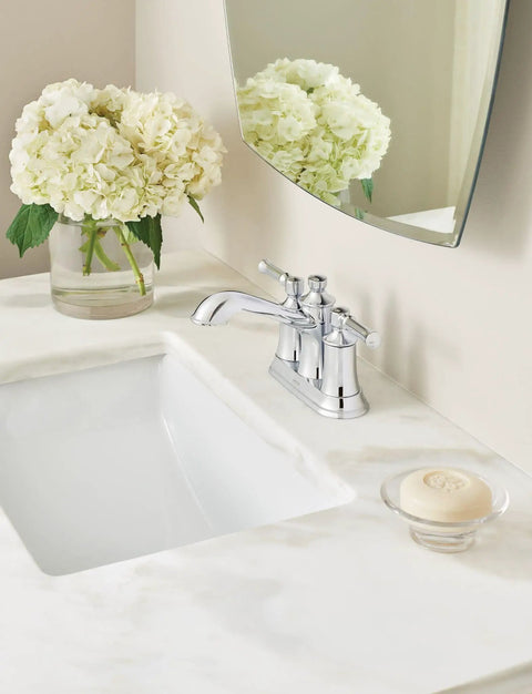 Dartmoor Chrome Two-Handle Centerset Bathroom Sink Faucet, Dope Chrome Finish, Classic Traditional Style, 4 Inch Centerset Installation