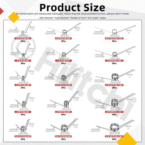 Diagram of Stainless Steel Torsion Spring Kit With 45 Pieces In 15 Sizes Including 30mm 45 Degrees 40mm 90 Degrees And 50mm 120 Degrees V Shape Springs For Repair Tools Woodworking DIYers showing dimensions.