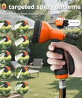Hand holding spray nozzle of Heavy Duty Retractable Garden Hose Reel 100 Feet Half Inch showing 10 spray patterns for outdoor use.