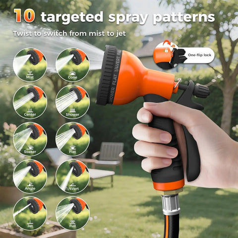 Hand holding spray nozzle of Heavy Duty Retractable Garden Hose Reel 100 Feet Half Inch showing 10 spray patterns for outdoor use.