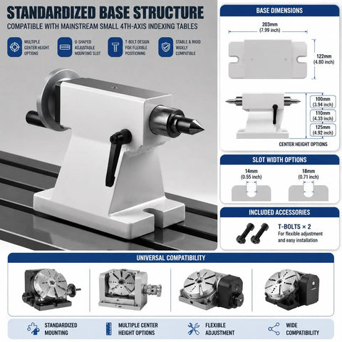 Rock Solid MT2 Lathe Tailstock Featuring 50mm Telescopic Travel And Detachable Rotary Live Center, heavy-duty base with adjustable slot.