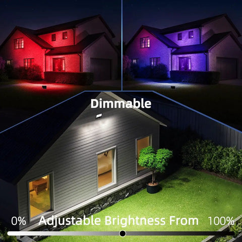30W Outdoor RGBW Flood Light With Bluetooth App Control illuminating houses in red, blue, and warm white, showing adjustable brightness