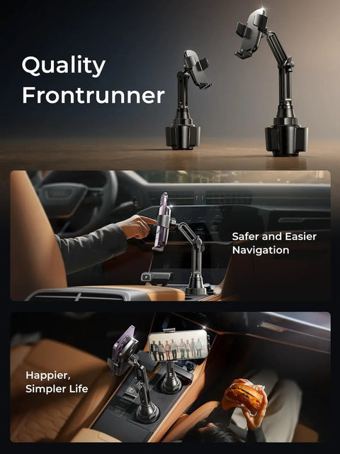 Upgraded Cup Holder Phone Mount with 360 Degree Swivel long neck in car providing easy navigation and enhanced driving experience.