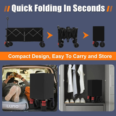 Collapsible 41 Inch Wagon Cart folded, showcasing compact design for easy storage in car and home closet.
