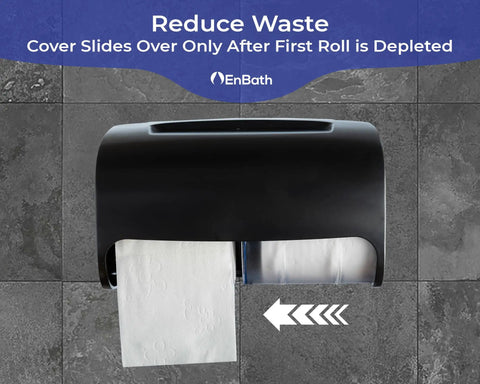 Two Roll Wall Mount Toilet Paper Dispenser With Locking Cover For Home Or Office Use, black dual roll holder in use.