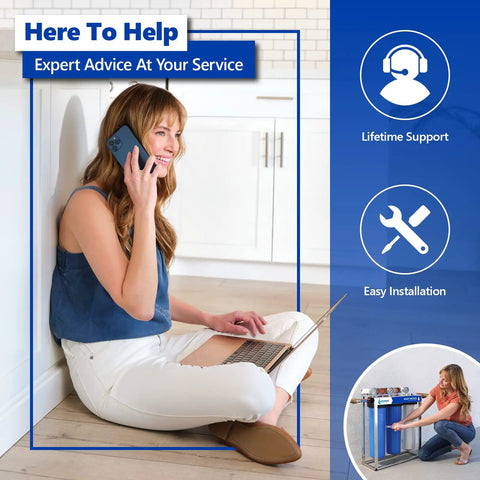 Woman on phone with laptop beside Kinetic Degradation Fluxion Replacement Filter For Whole House Water System Say Goodbye To Heavy Metals With KDF Catalytic Carbon High Capacity Filtration Four Point Five By Twenty Inch Replacement Cartridge Easy To Install No Fuss, icons for support and installation visible.