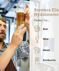 Hydrometer For Home Brew Beer Wine Mead And Kombucha Deluxe Triple Scale Set used by brewer in plaid shirt measuring beer