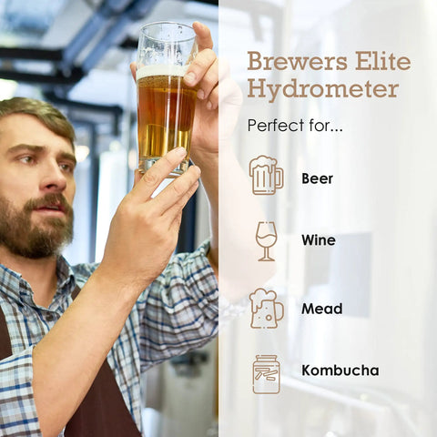 Hydrometer For Home Brew Beer Wine Mead And Kombucha Deluxe Triple Scale Set used by brewer in plaid shirt measuring beer