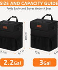 Back Seat Hanging Car Trash Can With Lid Leak Proof Automotive Garbage Bin in black, size and capacity guide shown for 2.2 and 3 gallons.