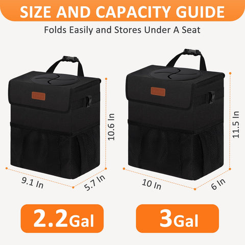 Back Seat Hanging Car Trash Can With Lid Leak Proof Automotive Garbage Bin in black, size and capacity guide shown for 2.2 and 3 gallons.