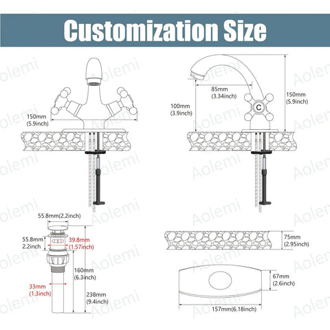 Oil Rubbed Bronze Bathroom Vessel Sink Faucet With Single Hole Deck Plate Pop Up Drain Dual Handle Cross Knobs Hot And Cold Water Vessel Basin Mixer Tap No Fuss Solid Brass size diagram with measurements.