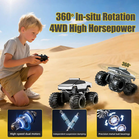 Child playing with Amphibious RC Car Scale 1 18 4WD All Terrain Off Road Pickup Beast With 2.4GHz Remote in a sandy desert