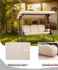 Three Seat Outdoor Porch Swing With Adjustable Canopy, Comfy Waterproof Cushions And Pillow, Foldable Side Tray For Patio Or Backyard