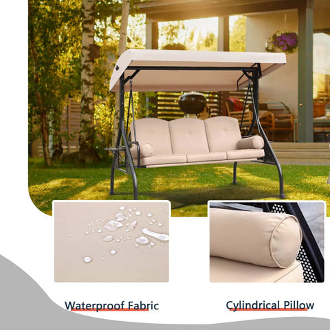Three Seat Outdoor Porch Swing With Adjustable Canopy, Comfy Waterproof Cushions And Pillow, Foldable Side Tray For Patio Or Backyard