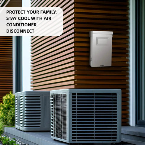 Heavy Duty Outdoor AC Disconnect Switch 30 Amp Pull Out Breaker For 120 240VAC Systems With UL Listing installed next to A/C units.