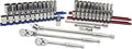 Workhorse 49-Piece 1/2 Inch Drive Socket Set With Deep And Shallow Metric And Standard Sockets displayed with ratchets and extensions.