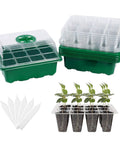 Six Tray Seed Starter Kit With Adjustable Humidity Dome, 12 Cell Seedling Trays, seedlings, and labels.