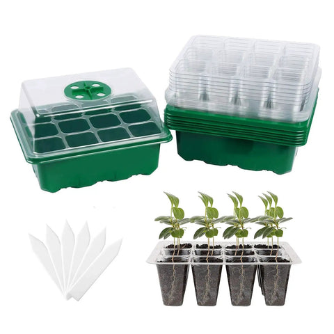 Six Tray Seed Starter Kit With Adjustable Humidity Dome, 12 Cell Seedling Trays, seedlings, and labels.