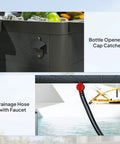 Close-up of 104 Quart Outdoor Cooler On Wheels With Bottle Opener And Shelves Rolling Ice Chest For Pool Decks Poolside Parties BBQs And Backyard Hangouts Built In Divider For Separate Drinks And Fruit Black showing bottle opener and drainage hose.