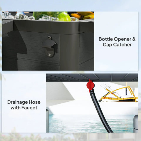 Close-up of 104 Quart Outdoor Cooler On Wheels With Bottle Opener And Shelves Rolling Ice Chest For Pool Decks Poolside Parties BBQs And Backyard Hangouts Built In Divider For Separate Drinks And Fruit Black showing bottle opener and drainage hose.