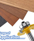 Rugged Pro Grade Quarter Inch Shank Biscuit Joiner Router Bit With Ball Bearing Guide next to various wood finishes.