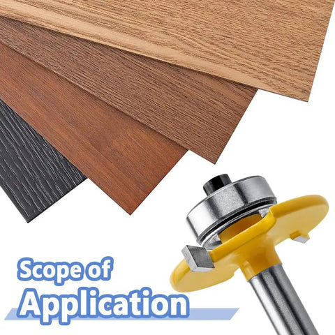 Rugged Pro Grade Quarter Inch Shank Biscuit Joiner Router Bit With Ball Bearing Guide next to various wood finishes.