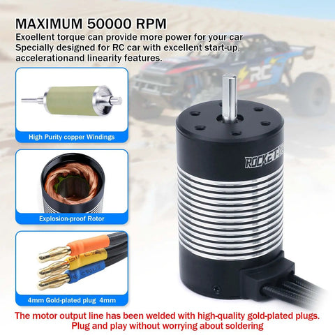 Beefy 3800KV 4-Pole Brushless RC Motor with 3.175mm Shaft for electric racing cars, shown with features and components.