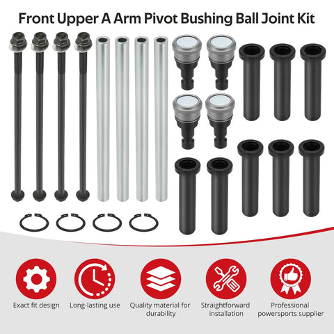 Front Upper A Arm Pivot Bushing Ball Joint Kit For Polaris RZR 570 And 800 Models 2008 Through 2014 Durable Beefy Upgrade With Heavy Duty Components For Off Road Adventures No Nonsense OEM Style, kit parts laid out