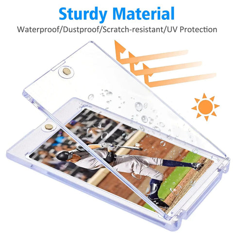 Magnetic Trading Card Holders 4 Pack with Acrylic Stands showing waterproof and UV protection features, baseball card inside.