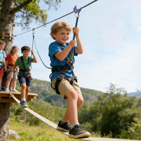 Child using Heavy Duty Zip Line Pulley Kit With Quick Setup Trolley For Outdoor Playgrounds while riding an obstacle course