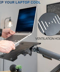 Built Tough Adjustable Laptop Desk Mount For 10 To 15.6 Inch Notebooks With Heavy Duty C Clamp and Grommet Vesa Bracket showing ventilation holes.