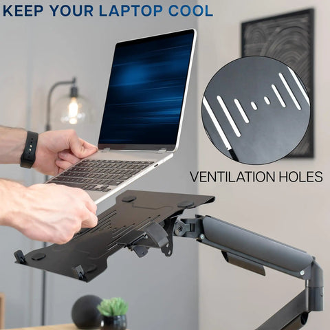 Built Tough Adjustable Laptop Desk Mount For 10 To 15.6 Inch Notebooks With Heavy Duty C Clamp and Grommet Vesa Bracket showing ventilation holes.
