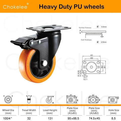 Heavy Duty 4 Inch Polyurethane Caster Wheels Set Of 4 Swivel Casters With Dual Lock Brakes detailed specifications and measurements layout