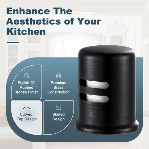 Top Shelf Solid Brass Dishwasher Air Gap Cover And Kitchen Sink Overflow Vent Cap Replacement Kit In Oil Rubbed Bronze Finish, curved top and skirted design.